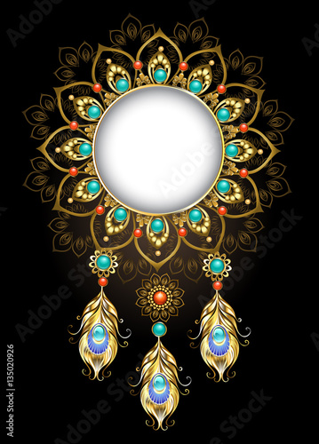 Fototapeta Naklejka Na Ścianę i Meble -  banner with gold peacock feathers