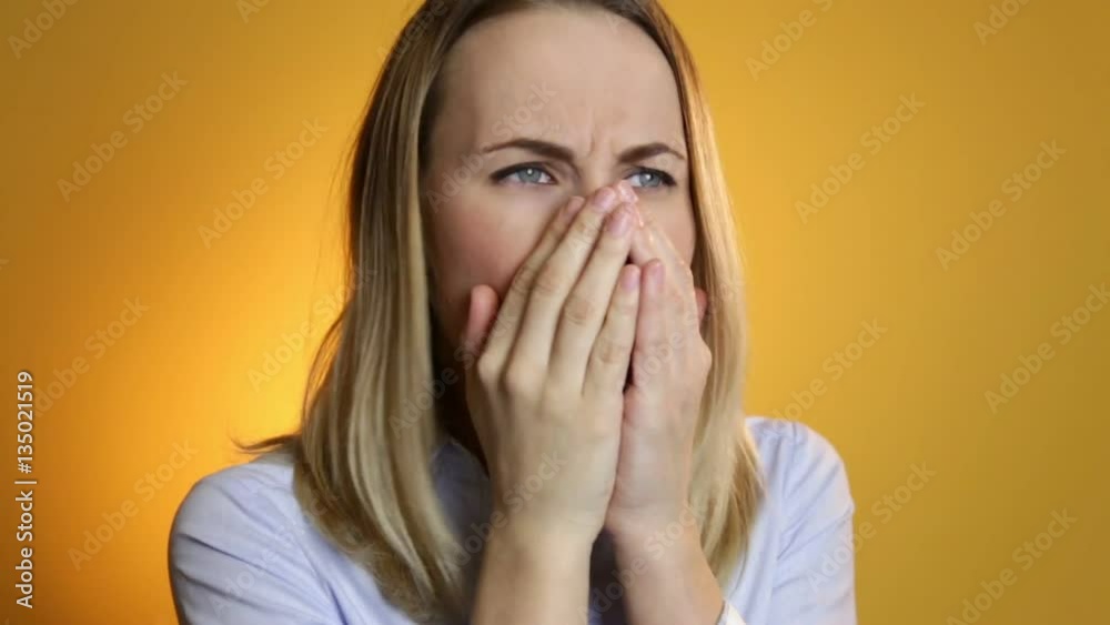 Coughing, Sick Woman Suffering From Cough, on a yellow background Coughing, Sick Woman Suffering From Cough, on a yellow background