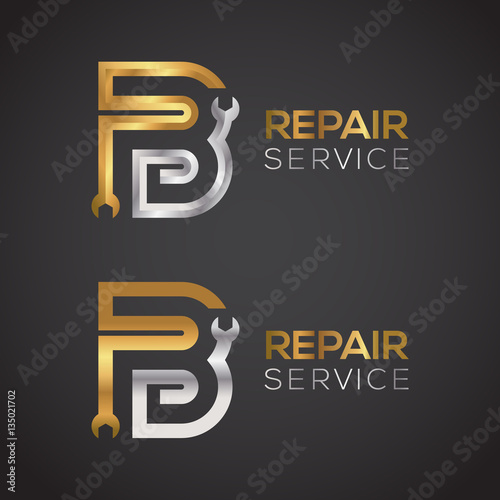 Letter B with wrench logo Gold and Silver color,Industrial,repair,tools,service and maintenance logo for corporate identity