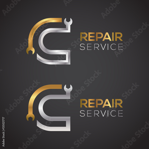 Letter C with wrench logo Gold and Silver color,Industrial,repair,tools,service and maintenance logo for corporate identity