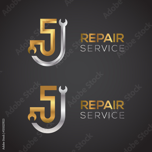 Letter J with wrench logo Gold and Silver color,Industrial,repair,tools,service and maintenance logo for corporate identity