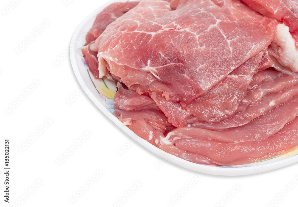 Sliced uncooked pork on dish closeup Sliced uncooked pork on dish closeup