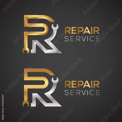 Letter R with wrench logo Gold and Silver color,Industrial,repair,tools,service and maintenance logo for corporate identity