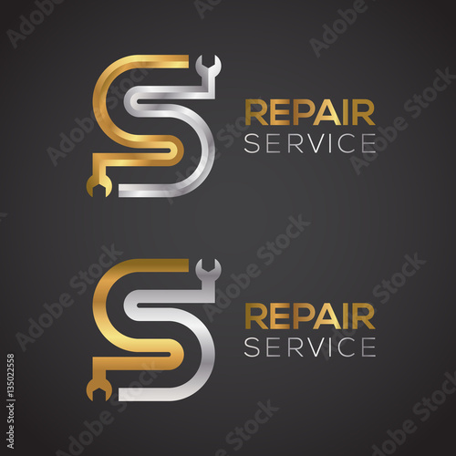 Letter S with wrench logo Gold and Silver color,Industrial,repair,tools,service and maintenance logo for corporate identity