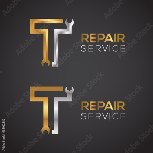 Letter T with wrench logo Gold and Silver color,Industrial,repair,tools,service and maintenance logo for corporate identity