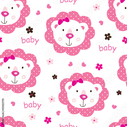 Seamless pattern with cute baby girl lions