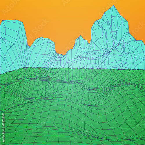 Low Poly Landscape. Background in style arcades the 80s. Vector Illustration.