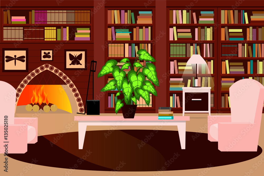 Cozy living room with a fireplace, a bookcase and a chair. Vector illustration. Cozy living room with a fireplace, a bookcase and a chair. Vector illustration.