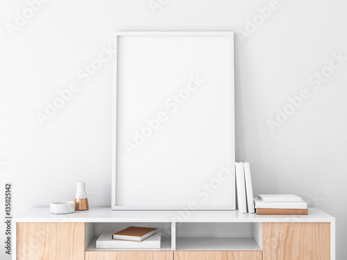 Poster Frame Mockup on bureau in modern interior, portrait orientation, 3d rendering