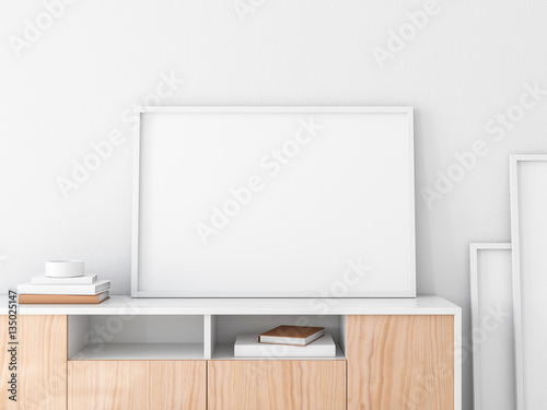 Horizontal frame Mockup on bureau, 3d rendering © customdesigner
