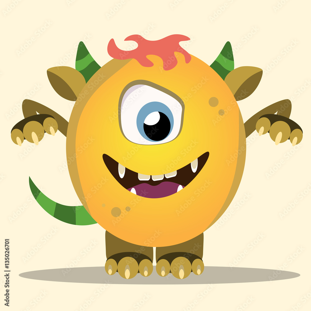 Angry cartoon monster. Halloween vector yellow and horned monster