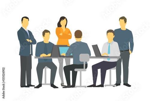 Six persons business people office teamwork meeting talking.