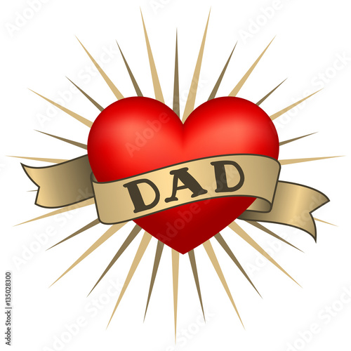 Retro tattoo heart with gold ribbons and word Dad. Vector