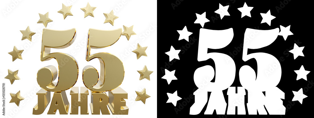 Golden fifty five one and the word of the year, decorated with stars. Translated from the German. 3D illustration