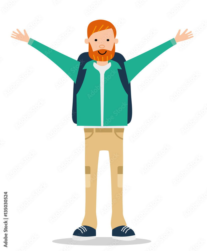 The red-bearded young man in a jacket happily waving his hands. Cartoon flat vector illustration The red-bearded young man in a jacket happily waving his hands. Cartoon flat vector illustration