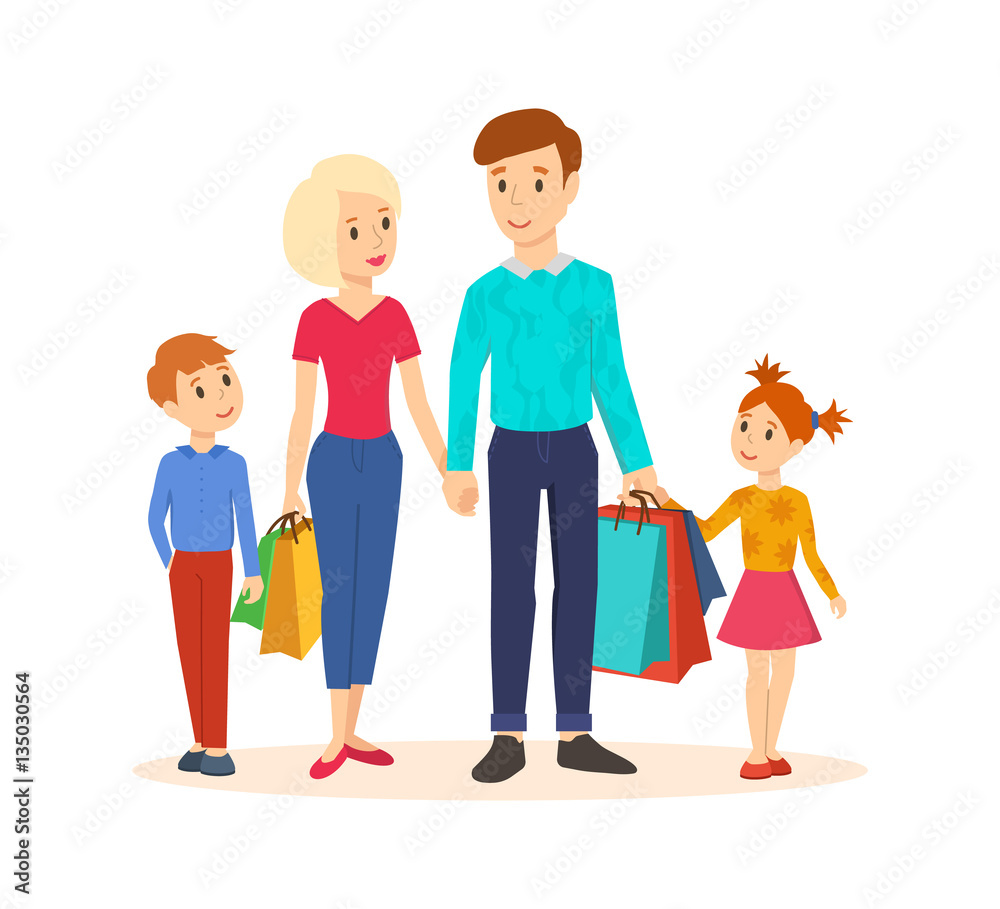 Young family goes along with joint purchases at the mall. Young family goes along with joint purchases at the mall.