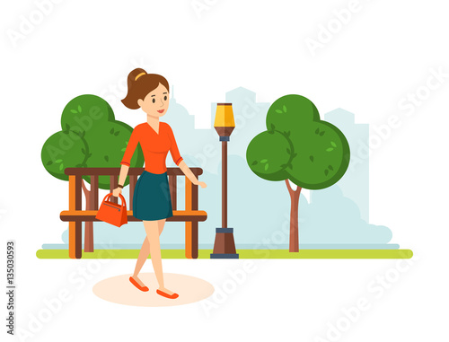Girl in skirt and blouse, walks in the park resting.