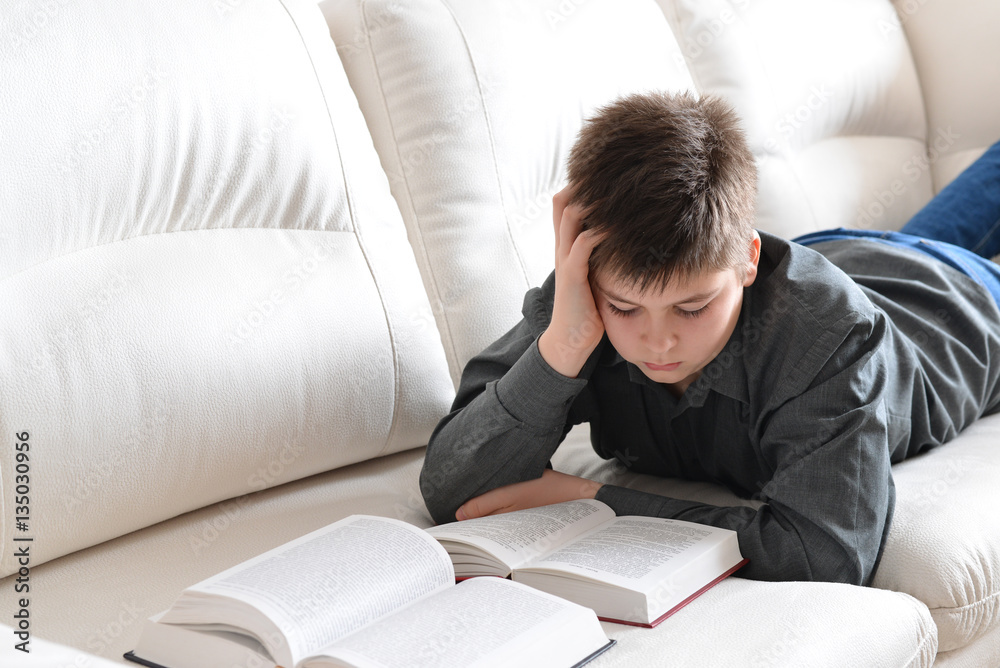 Teenager reading book lying on the couch in room. Teenager reading book lying on the couch in room.