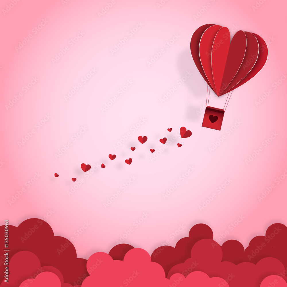 Illustration of love and valentine day,Origami made hot air balloon flying