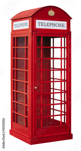 The English red public callbox is isolated on a white background.