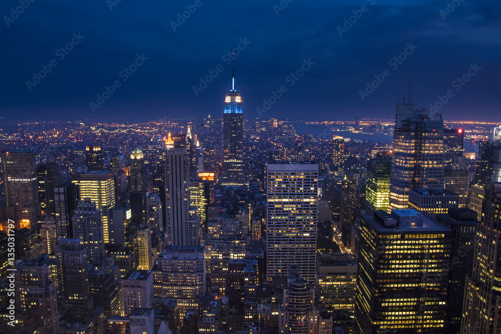 New York City with skyscrapers in the blue hour