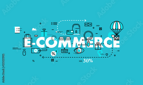 Word e-commerce flat line business vector illustration design banner. Concepts for online order and payment, e-commerce, delivery process, purchasing and online shopping for mobile and web graphics