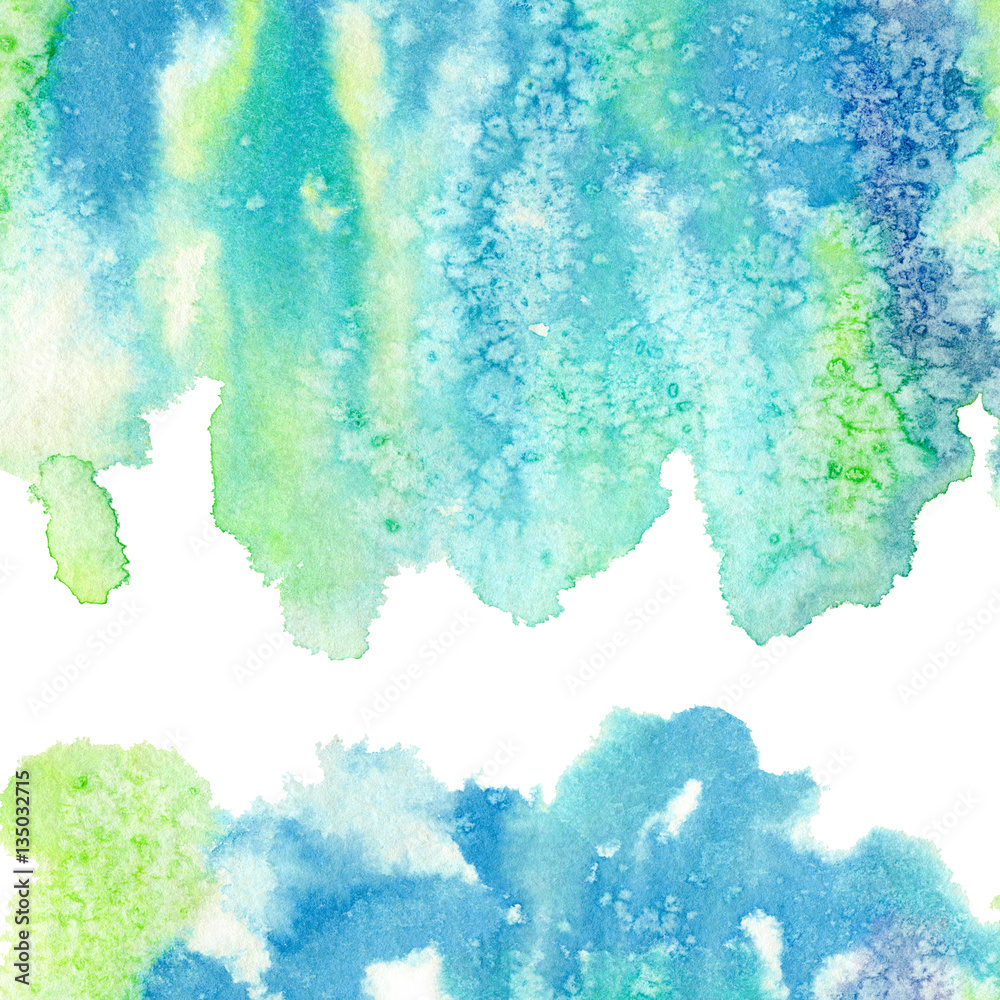 Blue and green watery frame .Abstract watercolor hand drawn illustration. Azure splash.White background.