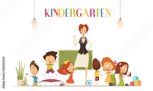 Kindergarden Teacher With Kids Cartoon Illustration