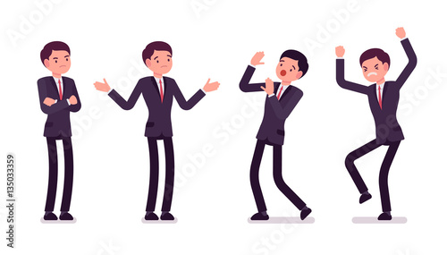 Young businessmen in formal wear expressing negative emotions, different poses