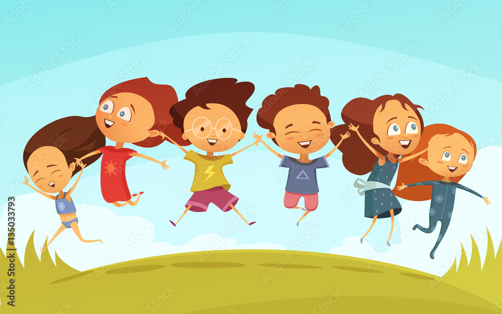 Team Of Cheerful Friends Holding Hands And Jumping Team Of Cheerful Friends Holding Hands And Jumping
