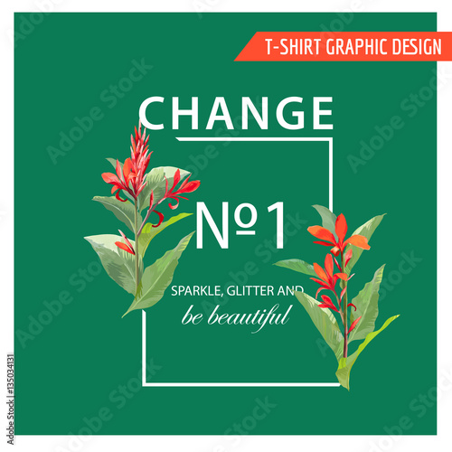 Fototapeta Naklejka Na Ścianę i Meble -  Tropical Leaves and Flowers Background. Graphic T shirt Design in vector