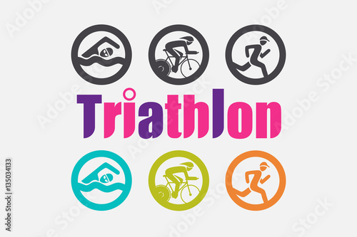 Triathlon graphic symbol. Triathletes are swimming running and cycling icon in colorful and Black and White version.
