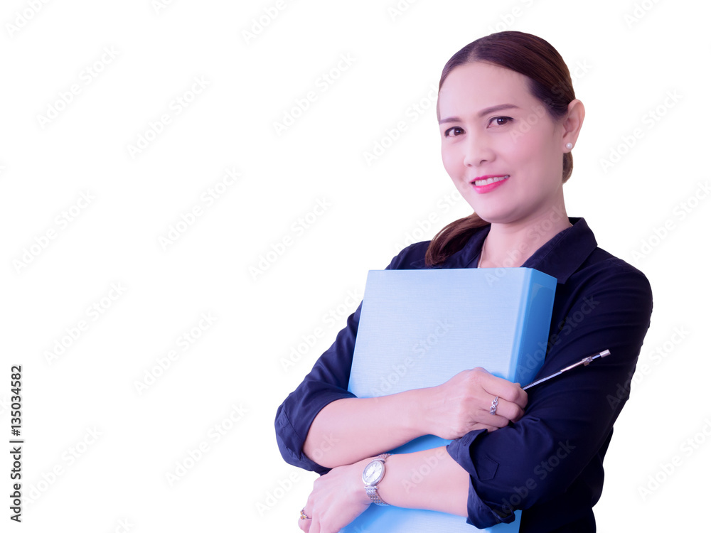 Asian business woman smiling And holding a blue folder. Looking at the camera. isolated on white background. Asian business woman smiling And holding a blue folder. Looking at the camera. isolated on white background.