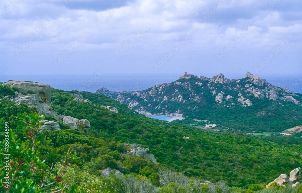 Fototapeta premium Küste und Genueserturm Tour d'Olmeto / de Olmeto / de Calanca bei Olmeto am Mittelmeer, Corse-du-Sud, Korsika, Frankreich, Europa 
