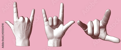 Engraving hand gesture I love you illustration