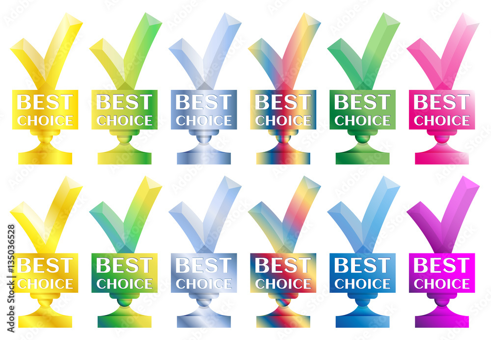 Set of Best Choice trophy rainbow colored gradient. Award for super goods or great product. Gold, green, blue. Vector Set of Best Choice trophy rainbow colored gradient. Award for super goods or great product. Gold, green, blue. Vector