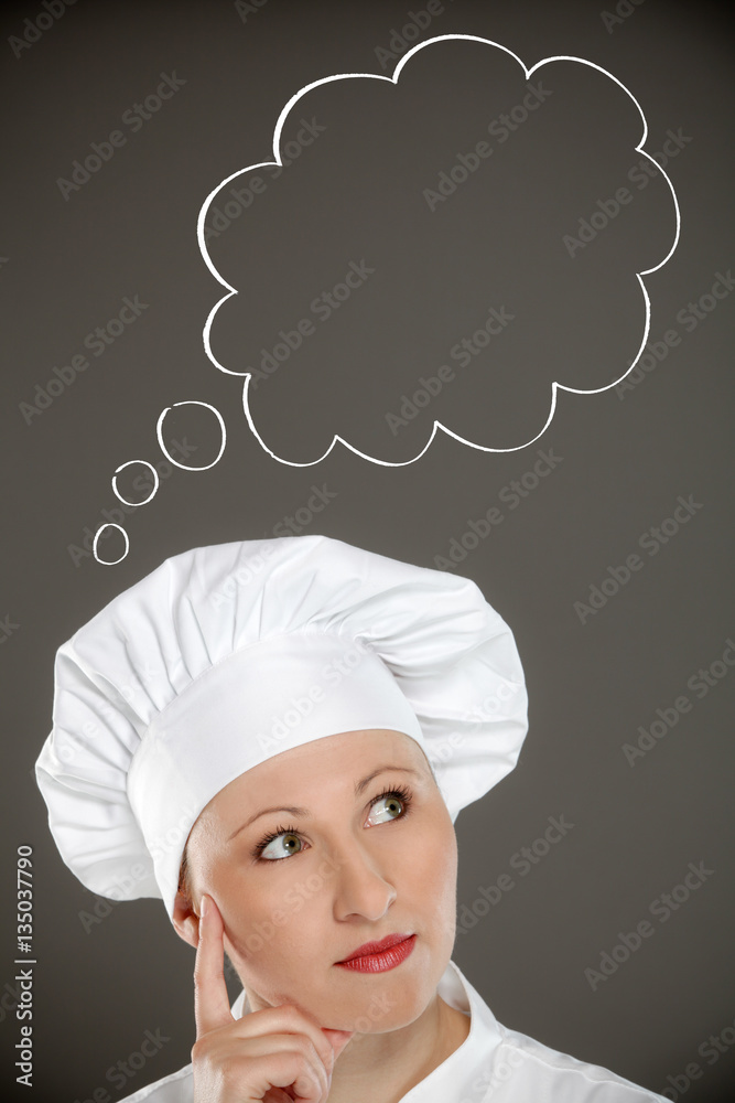 Female chef with think box Female chef with think box