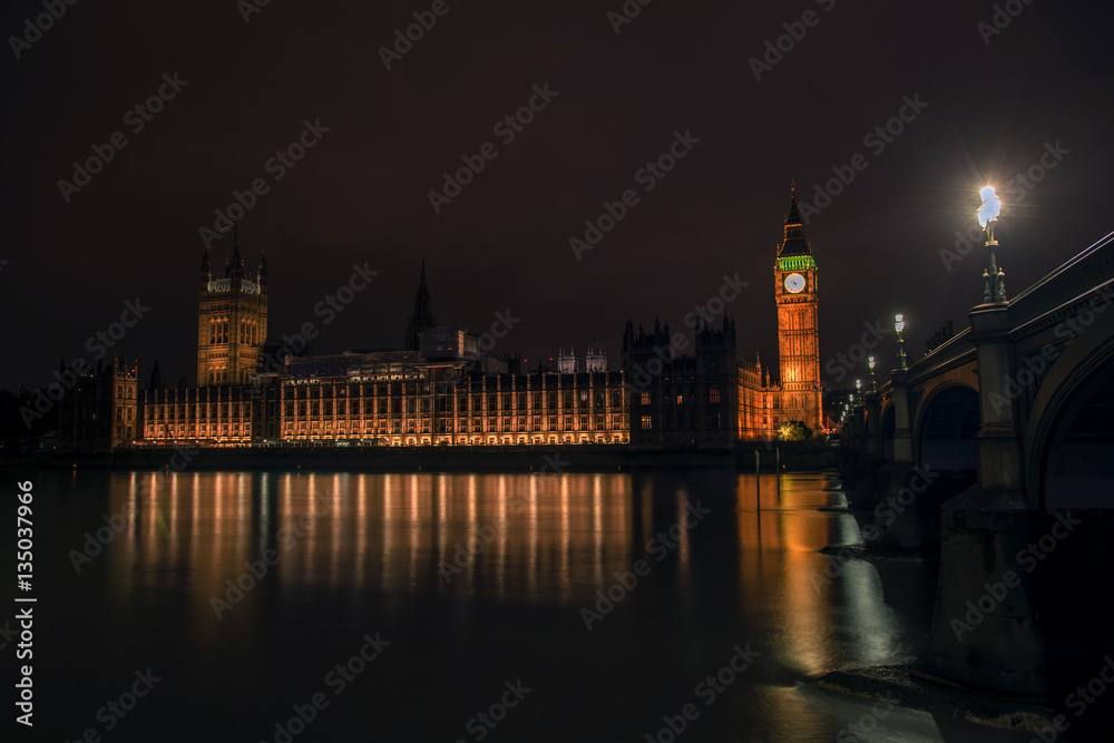 Palace of Westminister at night, british Parliament,  London, UK