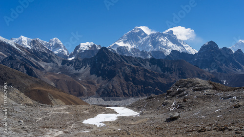 Everest and Nuptse mountain peak from Renjo la pass, Everest reg