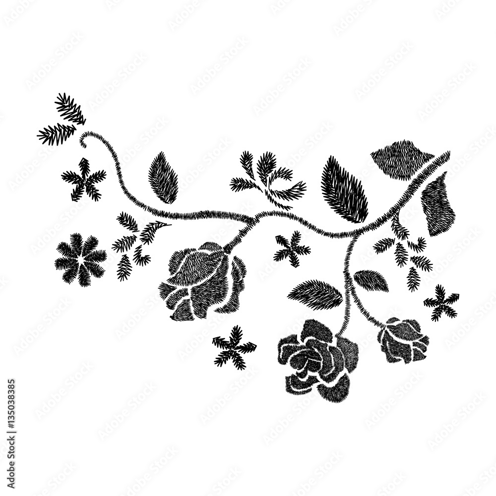 black flower embroidery artwork design for clothing, isolated Stock