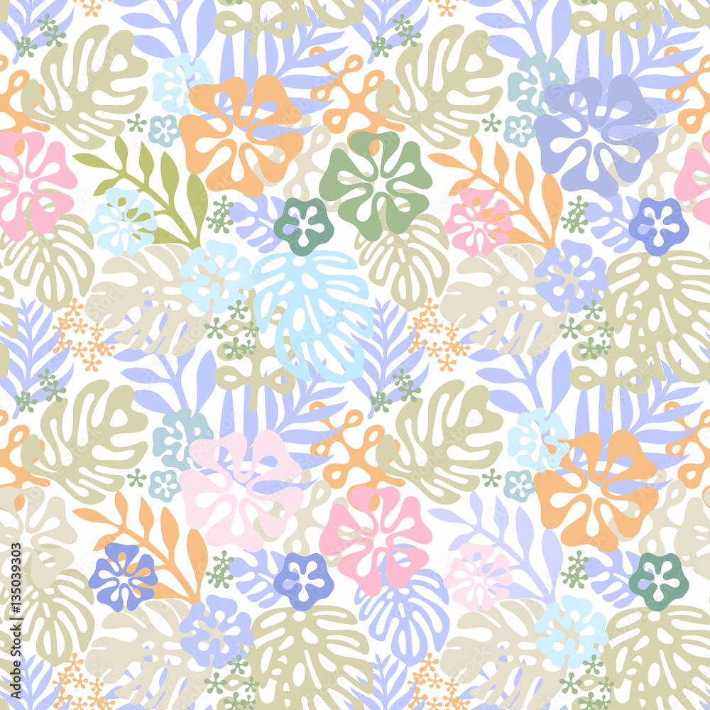 Vector tropical flowers patten. seamless design with gorgeus botanical elements, hibiscus, palm, bird of paradise. Vector editable file
