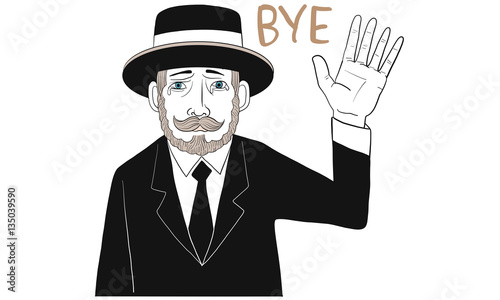 mustache man in black suit say goodbye