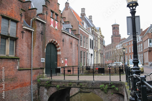 Famous Oudegracht canal near residential houses in Utrecht, the
