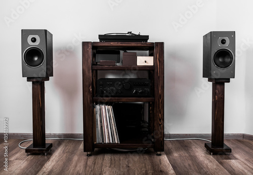 Speakers, music room, vinyl sound, wooden shelf, powerful speakers