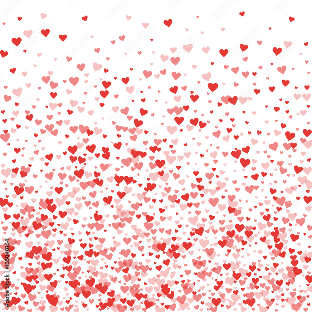 Red hearts confetti. Bottom gradient on white valentine background. Vector illustration.