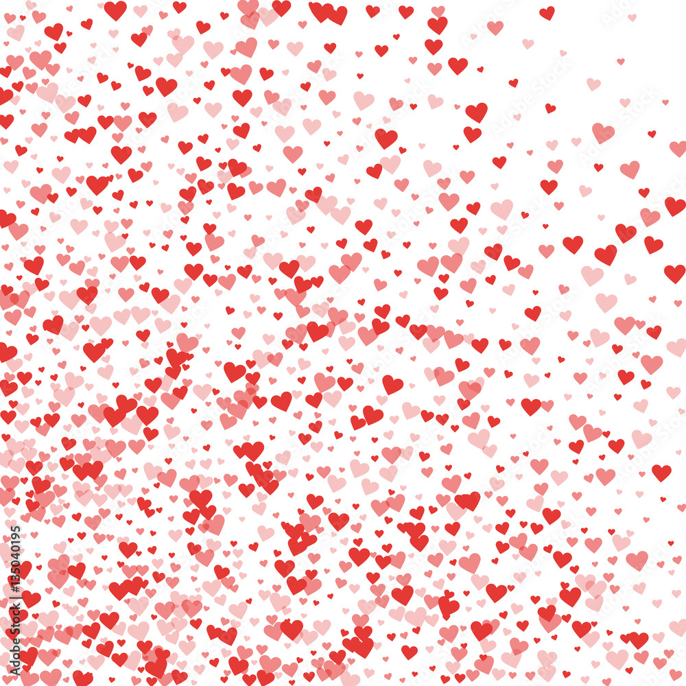 Red hearts confetti. Abstract mess on white valentine background. Vector illustration.