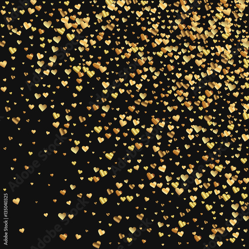 Gold gradient hearts confetti. Random gradient scatter on black valentine background. Vector illustration.