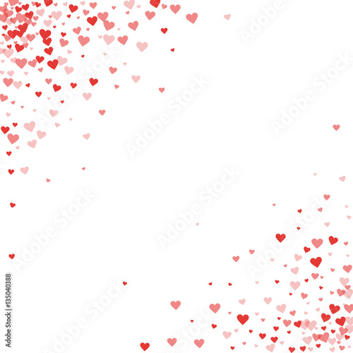 Red hearts confetti. Scatter abstract corners on white valentine background. Vector illustration.