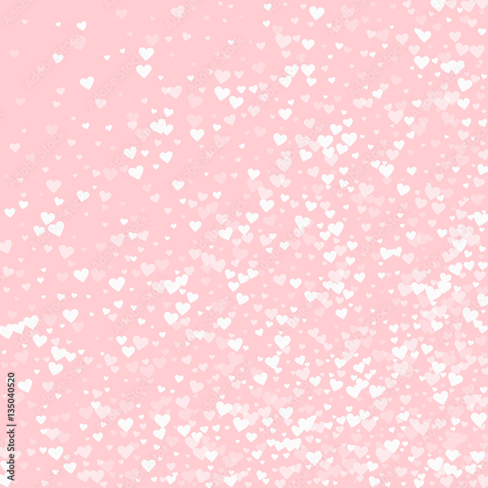 White hearts confetti. Abstract random scatter on pale_pink valentine background. Vector illustration.
