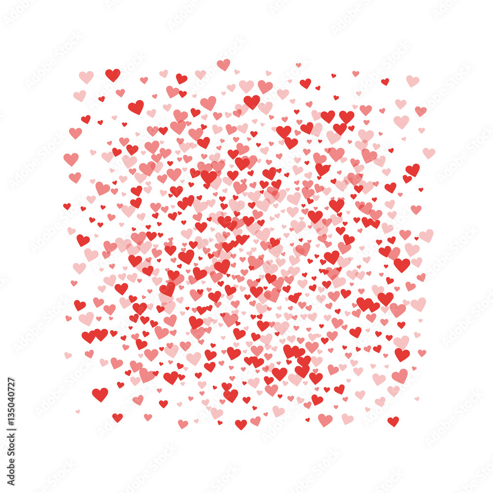 Red hearts confetti. Square frame on white valentine background. Vector illustration.